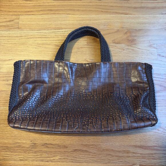 Falor Le Borse Leather Tote Bag Braided Handles Brown Woven Made in Italy - Picture 1 of 9